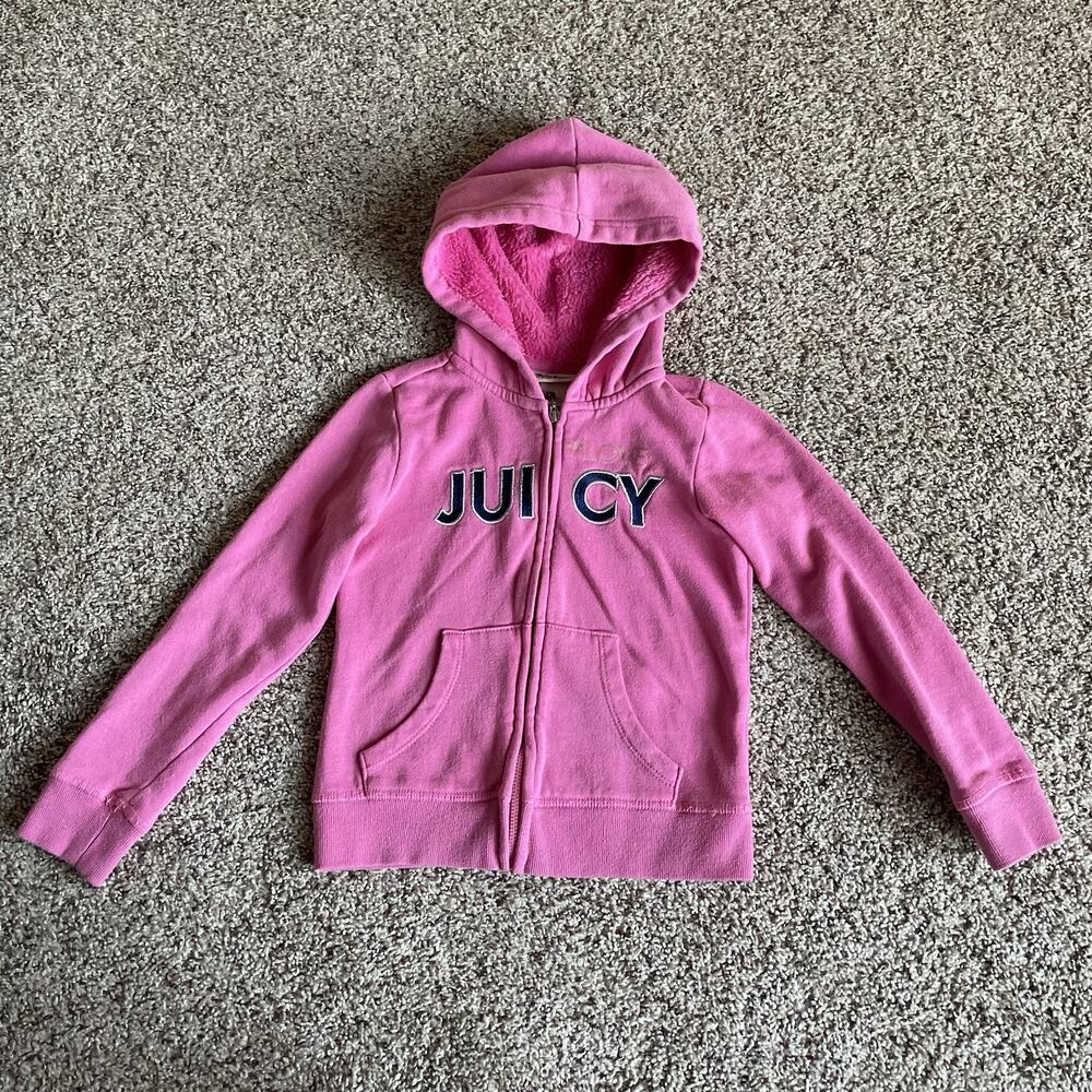 Juicy Couture Kids’ Pink Zip Up Hoodie Spellout Fuzzy Hood Size 6 Embroidered - Picture 6 of 15
